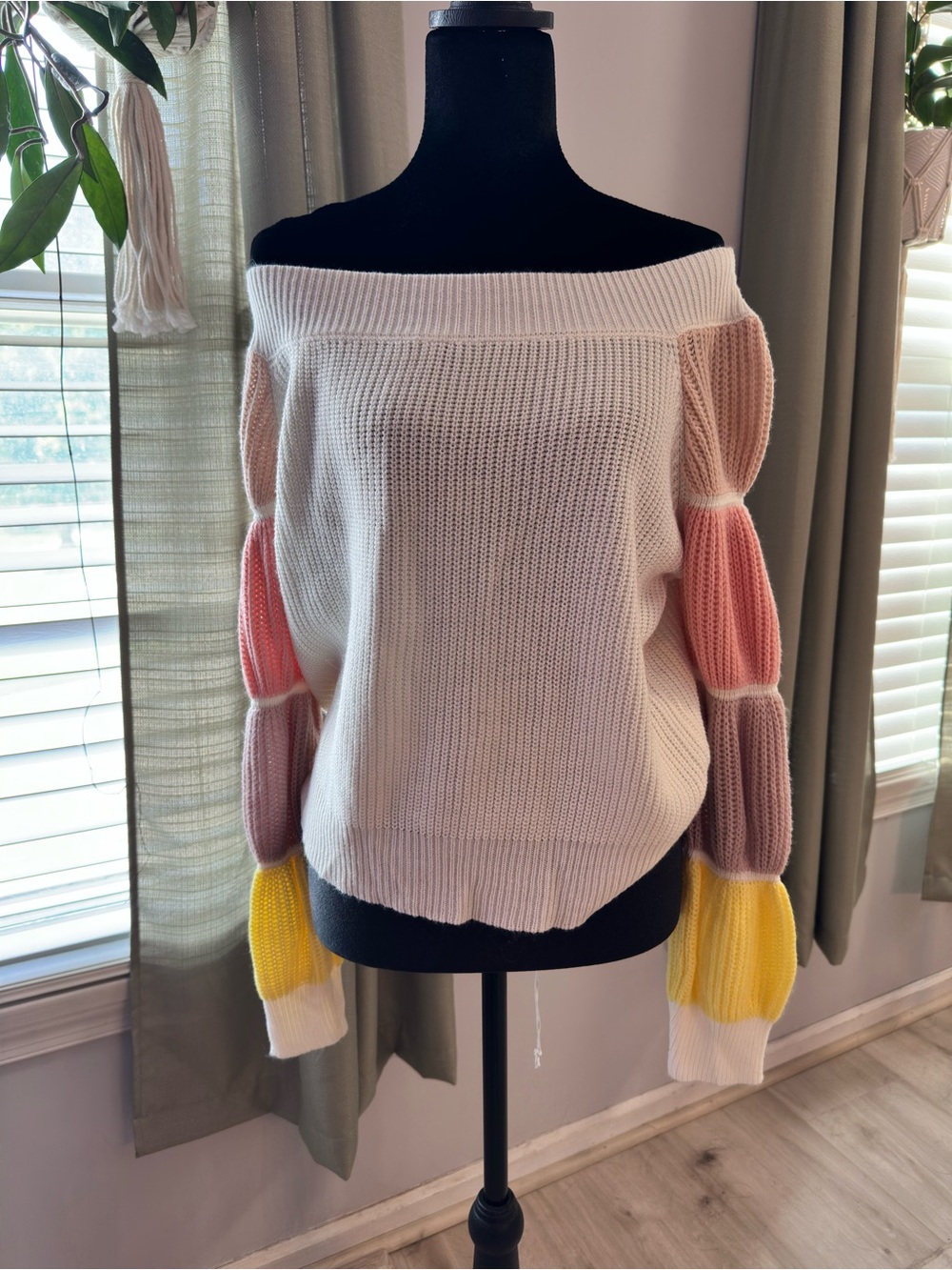 SHEIN Size L Off Shoulder Colorblock Balloon Sleeve Knit Sweater NWT
